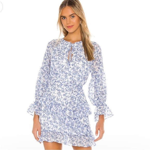 Tularosa Dresses & Skirts - Tularosa Serafina Floral White Blue Long Sleeve Romantic Mini Dress‎ Size Small